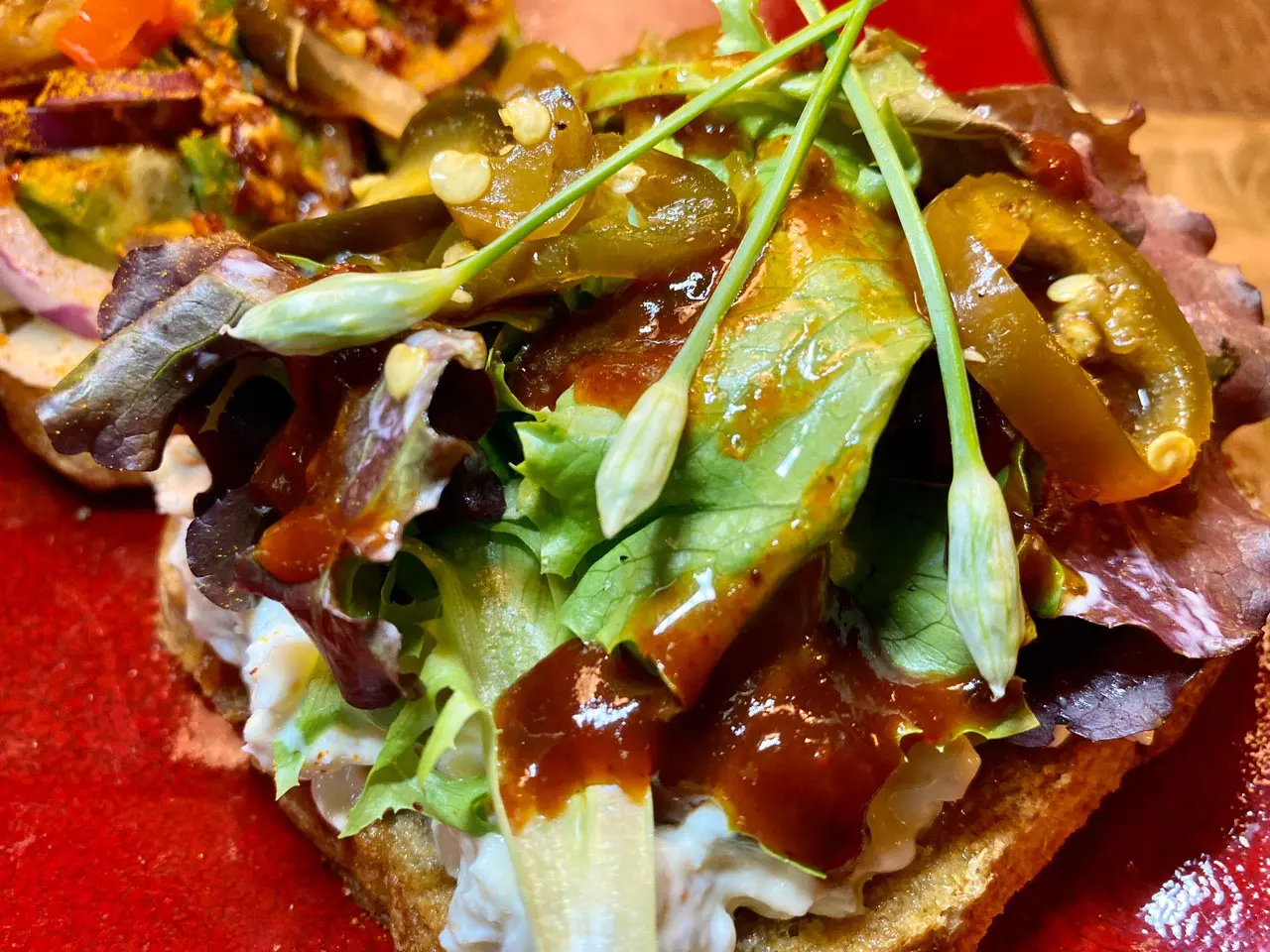 Chicken salad from The Garden of Eden with Sweet Tropical Spicy Sauce and Cranberry Chipotle Sauce