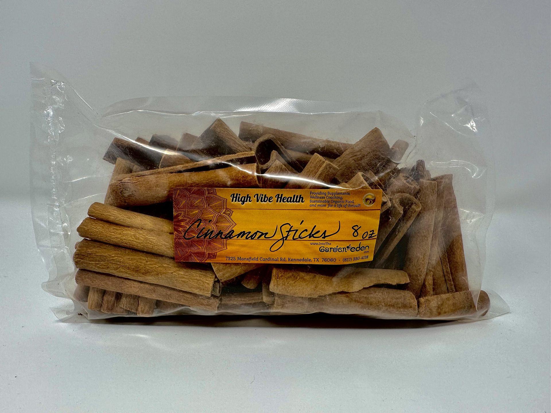 The Garden of Eden offers cinnamon sticks in 4 oz or 8 oz sizes as one of many Herbs & Spices.
