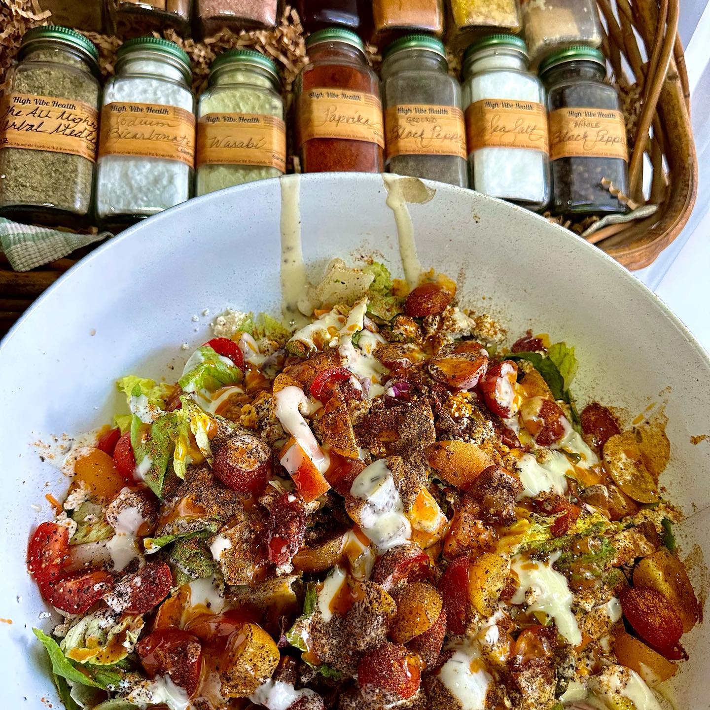 Fresh dank salad with super dressing made with GOE Herbs & Spices and Sauces