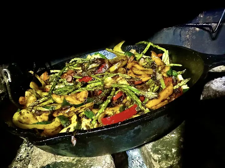 Teriyaki veggies cooked over wood fire