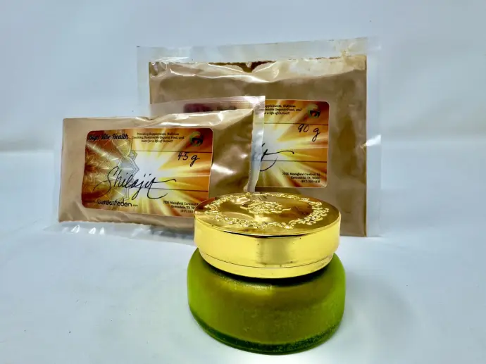 Garden of Eden High Vibe Health Shilajit powder with green jar gold lid