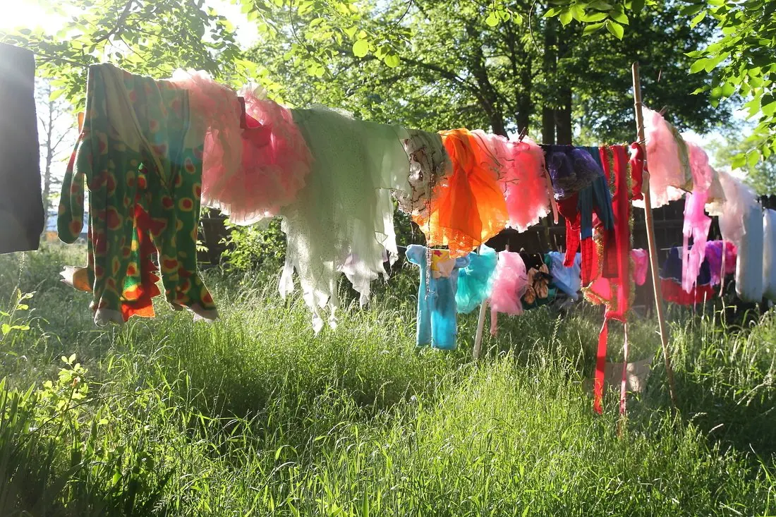 Lovely laundry dries on the clothesline in the sunshine